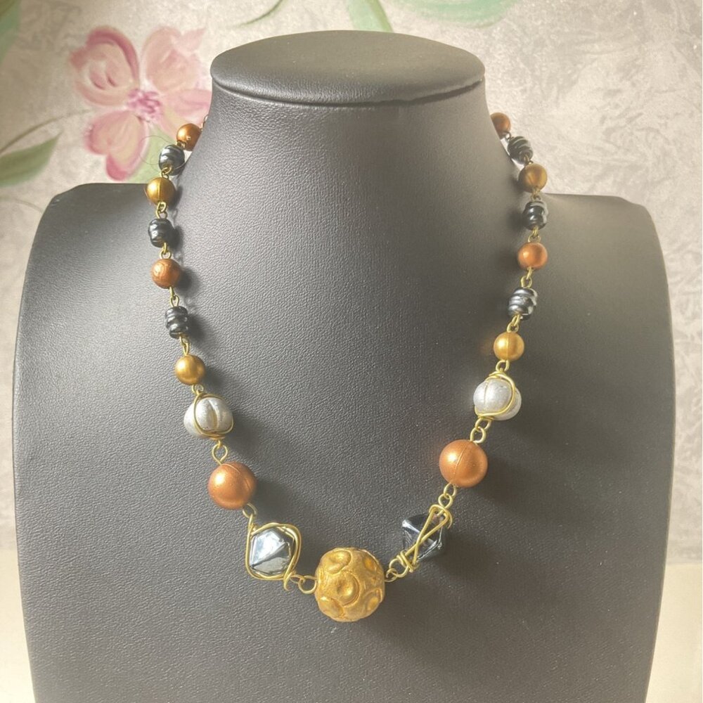 Bronze Gold Beaded Statement Necklace Whimsigoth Indie Wire Wrapped